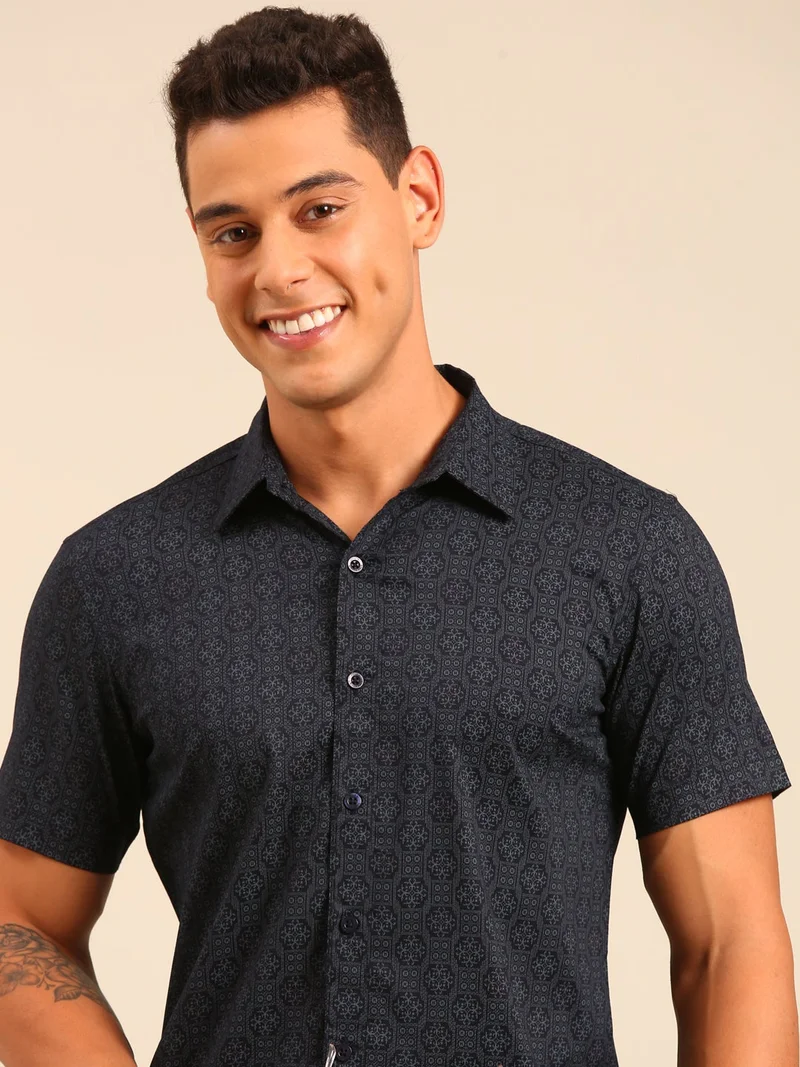 Joven Navy Blue Printed Cotton Shirt for Men